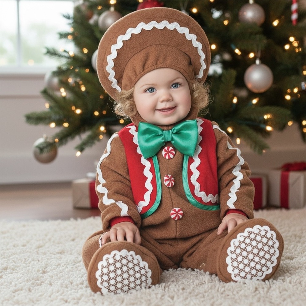 Sweet Gingerbaby Gingerbread Costume Infant 6M-2T Jumpsuit Hat Booties Flaw‎